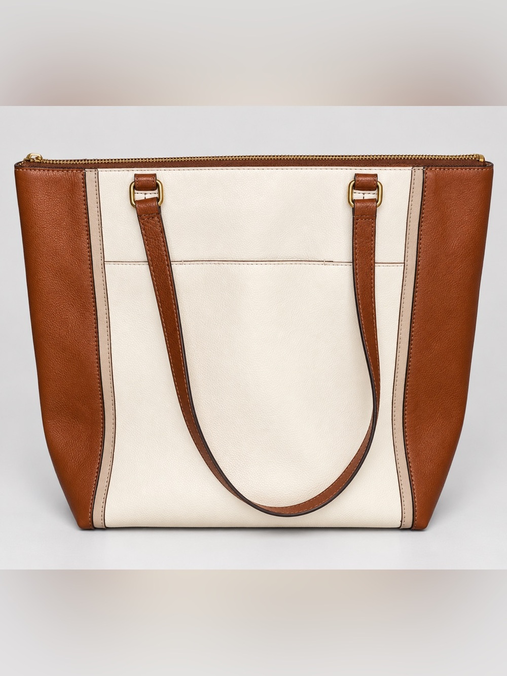 Leather Two-Tone Tote Bag in Cream and Brown
